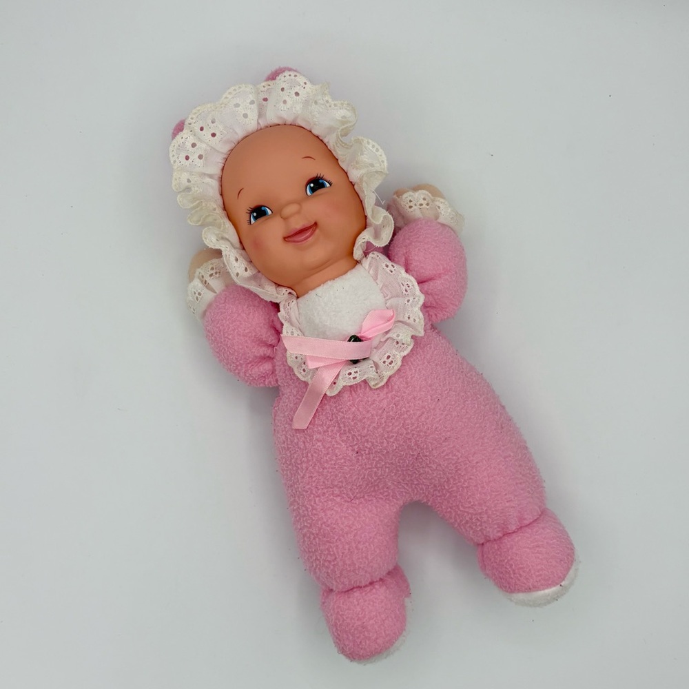 Goldberger Fuzzy Fleece Baby Plush Doll Pink Stripes Pj’s Vinyl 11” Bunny Ears